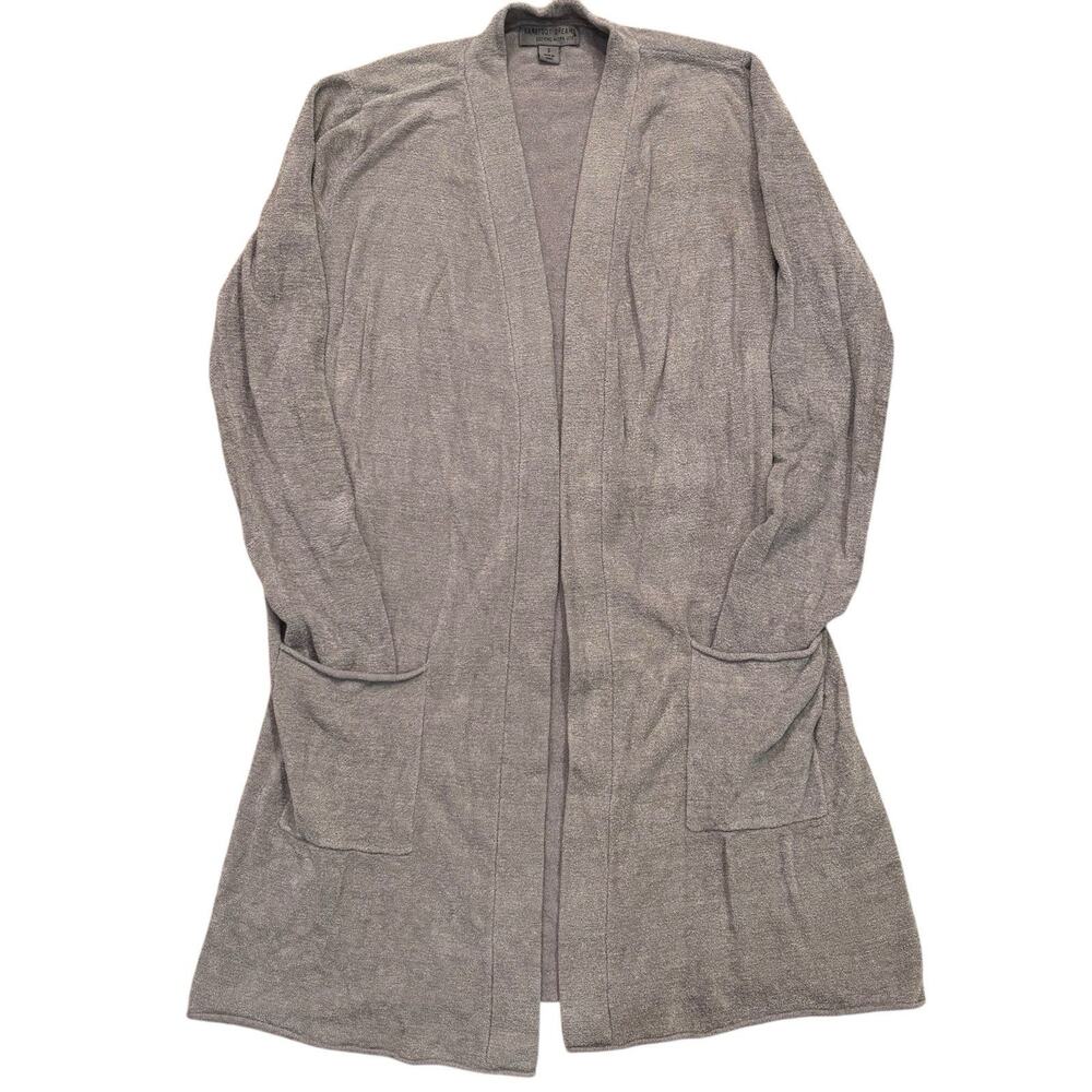 Barefoot Dreams Open Front Cardigan Back Drawstring CozyChic Gray Brown Small